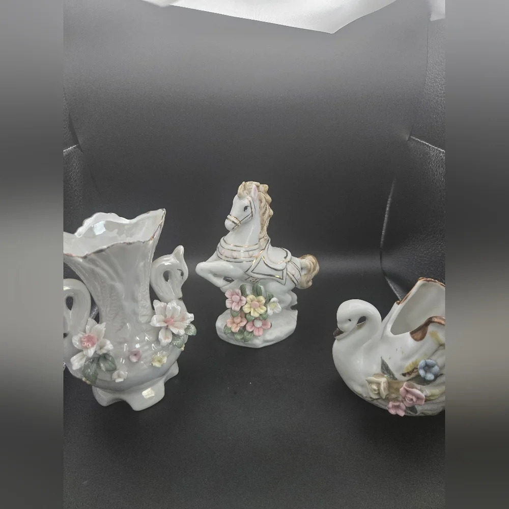 Porcelain Swan and Horse Figurines with Floral Accents Vintage